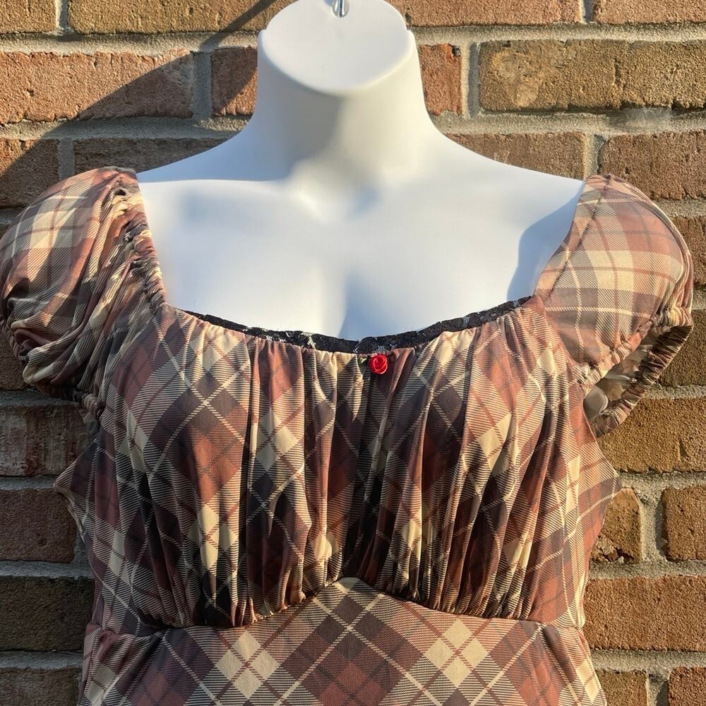 y2k fall trendy romantic checkered plaid sweet society off shoulder dress sz XL